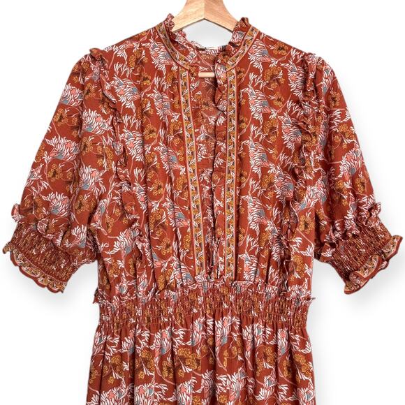 Max Studio Burnt Orange Floral Ruffled Tiered Smocked Maxi Dress Women's Size XL - Picture 3 of 11